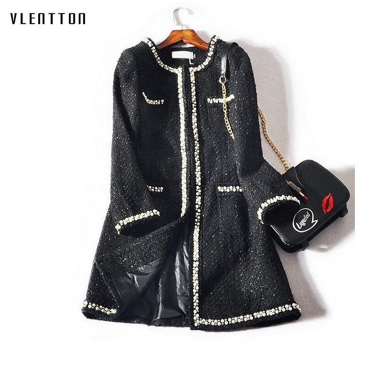 New Plus Size Trench Coat Woman Pearls Long Tweed Women's Coats autumn Winter Casual Long Sleeve Women's Windbreaker - BlackFridayBuys