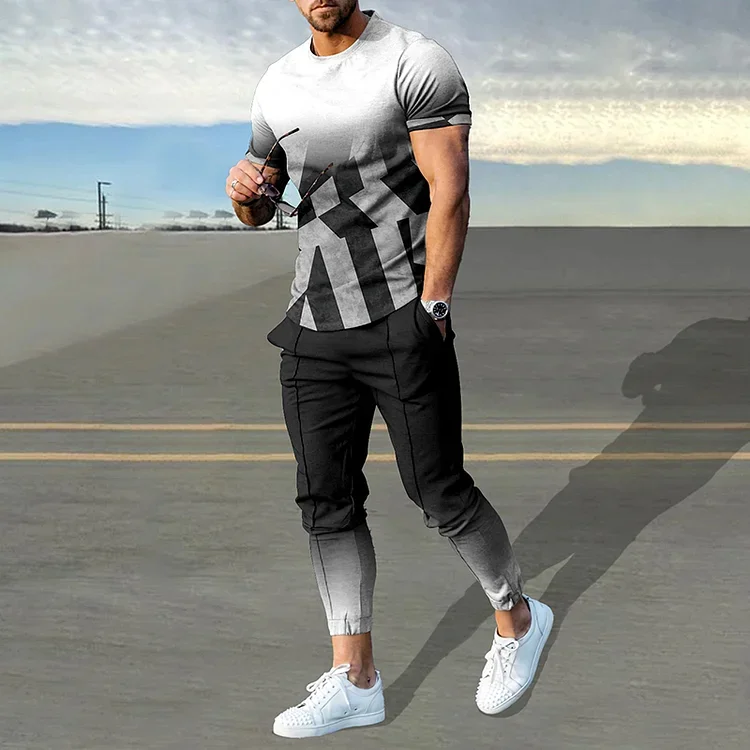 Black And White Gradient Geometry T-Shirt And Pants Co-Ord