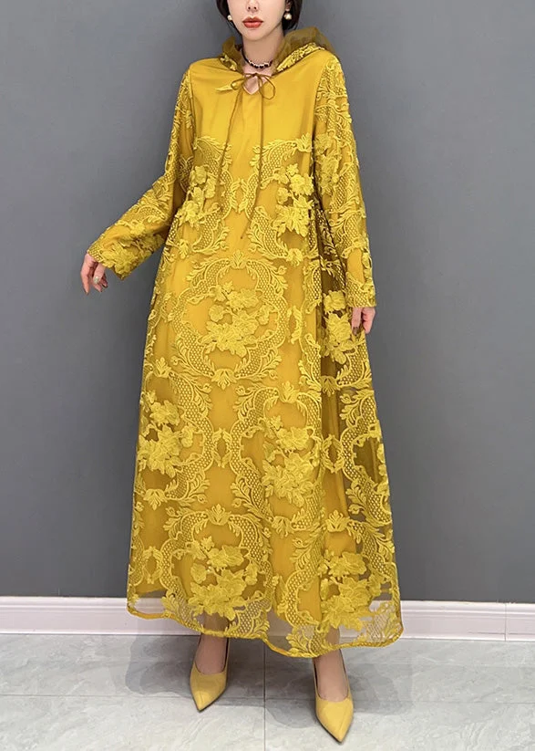 Chic Yellow Embroideried Neck Tie Tulle Maxi Dresses Long Sleeve