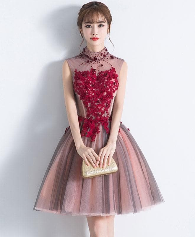 Unique Burgundy Tulle Lace Short Prom Dress, Tulle Homecoming Dress