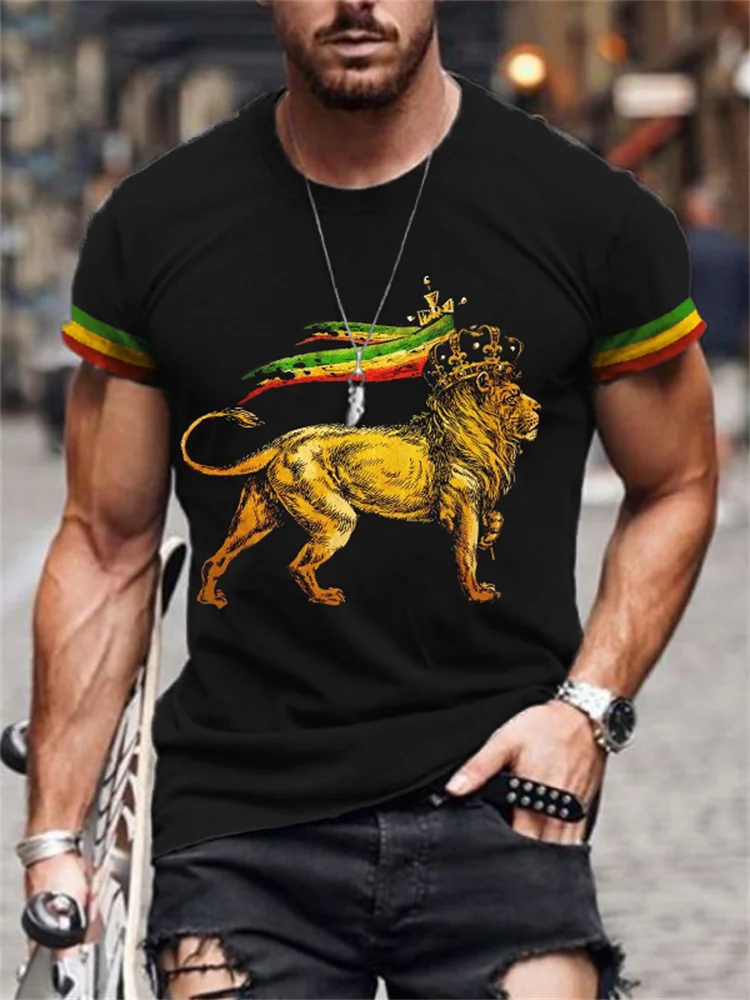 Men's Rasta Lion Striped Sleeve T Shirt