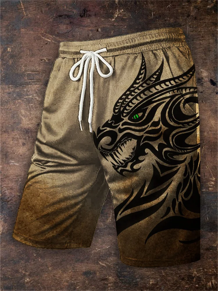Broswear Men's Vintage Agnarok Dragon Graphic Drawstring Shorts