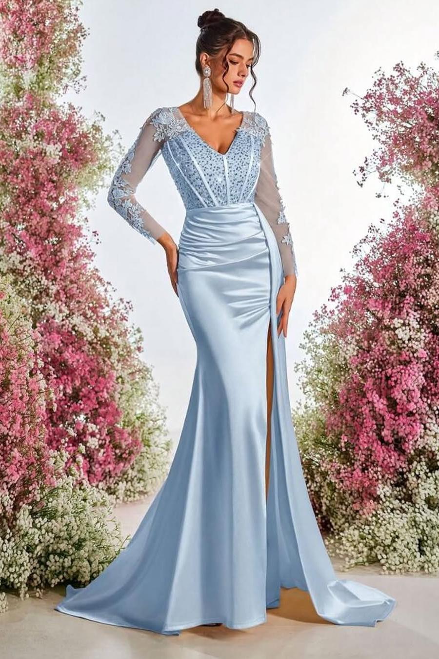 Lussooy Charming Long Sleeves Sky Blue Satin V Neck Applique Split Prom Dress with Beadings