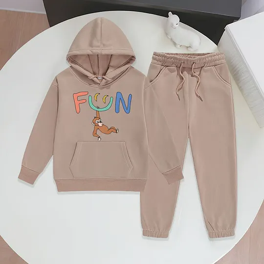 【2Y-13Y】Festive Fleece-Lined Hoodie And Jogger Set With Fun Banana Monkey Cartoon Design For Kids