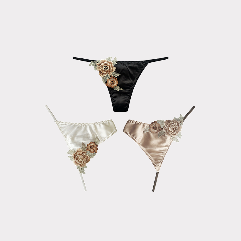 Rose Decoration G-string Silk Thong Panties 3-Pack REAL SILK LIFE