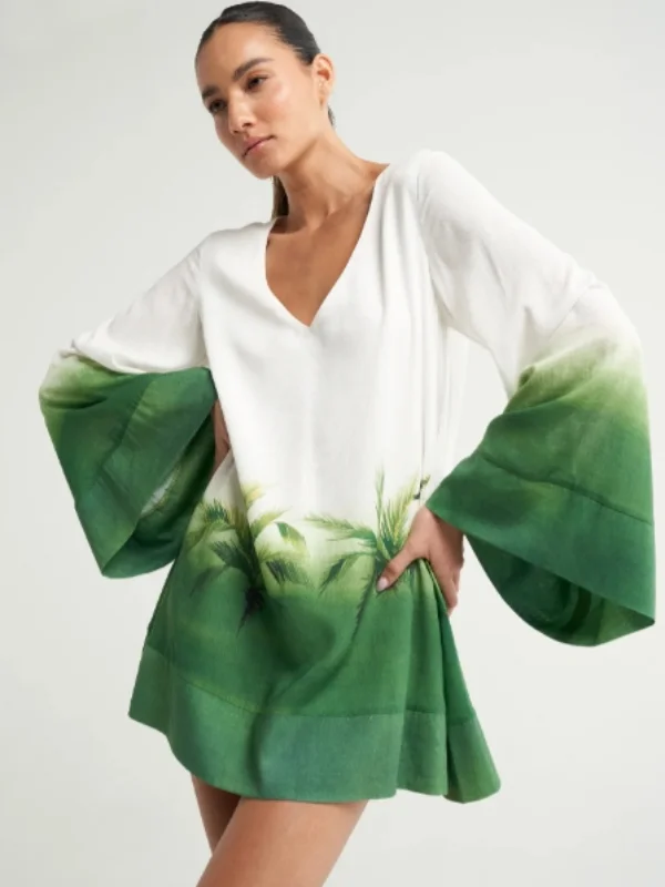 Gradient Green Printing Long-Sleeved Mini Dress