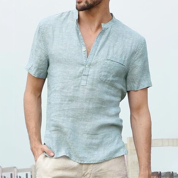 Men's Solid Color Fashion Loose Casual Linen Short-Sleeved Shirt