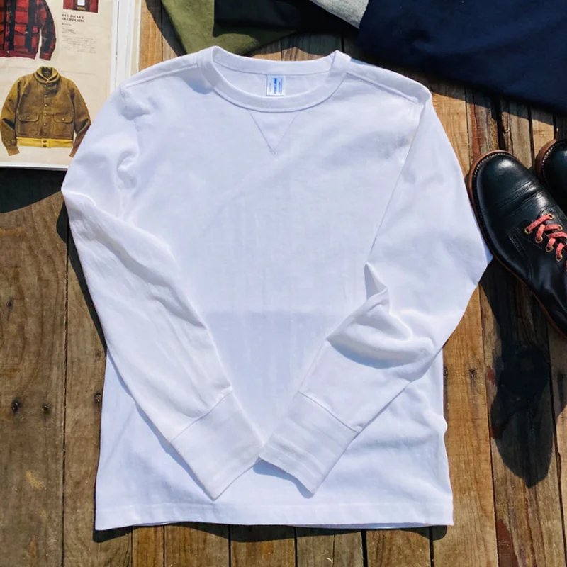 Versatile 100% Cotton Seamless Tubular Knit Round Neck Long Sleeve T-Shirt
