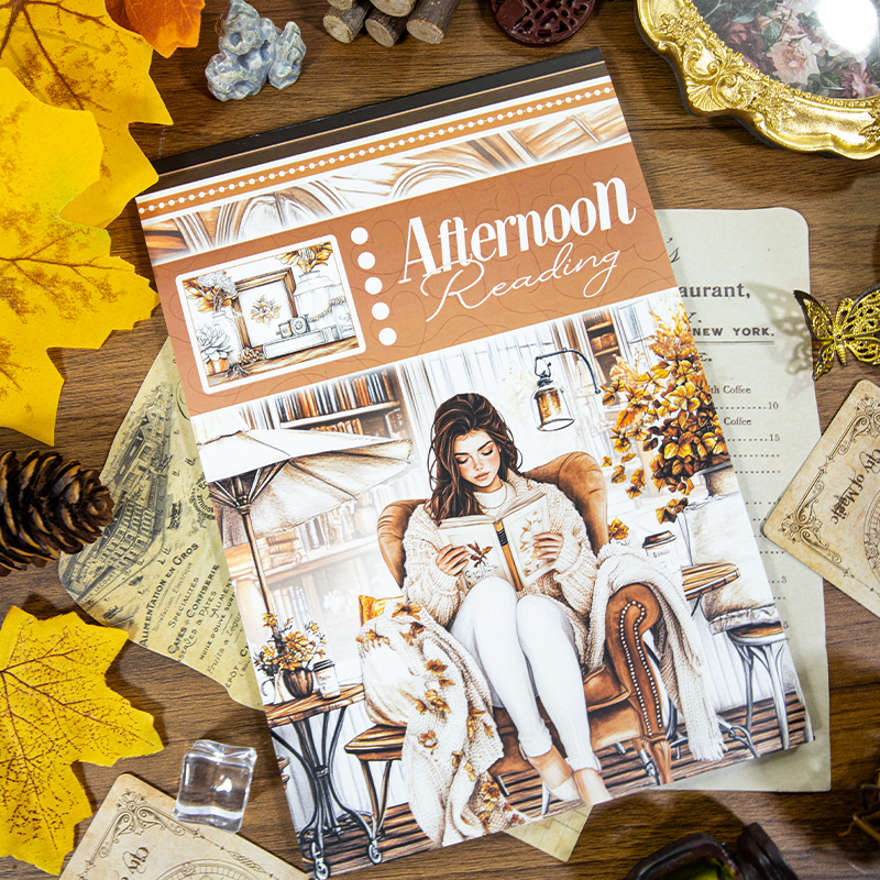 ジャーナル雑記帳✻*˸ꕤ*˸*⋆。✻*˸ꕤ*˸* Sticker Book - A5 Vintage Afternoon Reading Character Flower