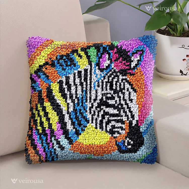Rainbow Zebra Latch Hook Pillow Kit for Adult, Beginner and Kid veirousa