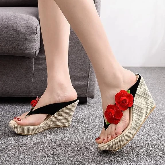 FSJ Black Platform Mules Floral Embellished Wedge Thong Sandals |FSJ Shoes