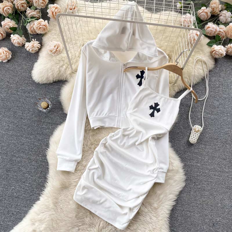 Cross Print Zipper Hoodie Slip Dress Two Piece Set