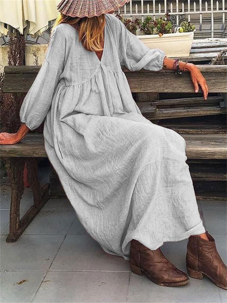 Vintage Pleated V Neck Maxi Dress