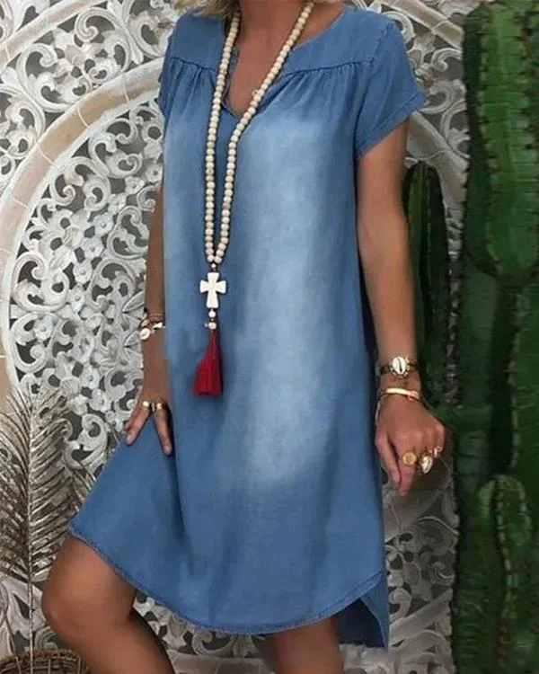 Vintage Casual Plus Size Blue V Neck Denim Dresses
