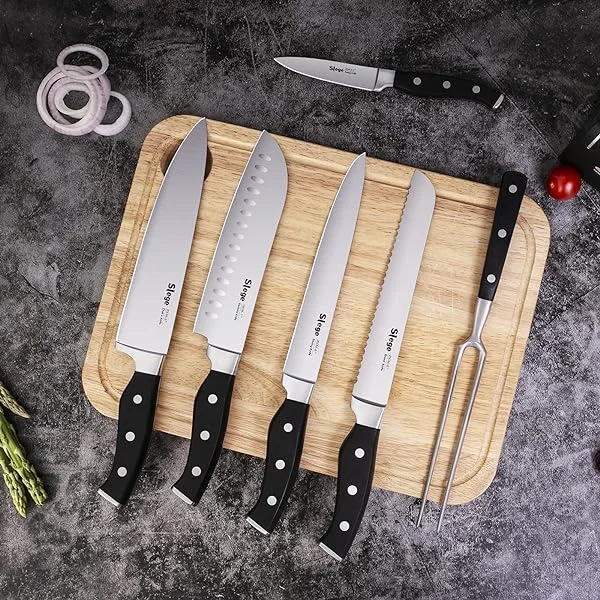 Knife Set, Slege 18-Piece Knife Sets for Kitchen with Block, Stainless Steel Kitchen Knives with Built-in Sharpener, Kitchen Shears and Carving Fork, Black 18pcs