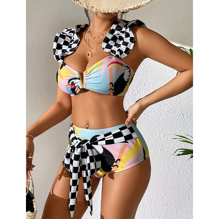 Flaxmaker Ruffle Shoulder Penguin Printed Bikini Swimsuit