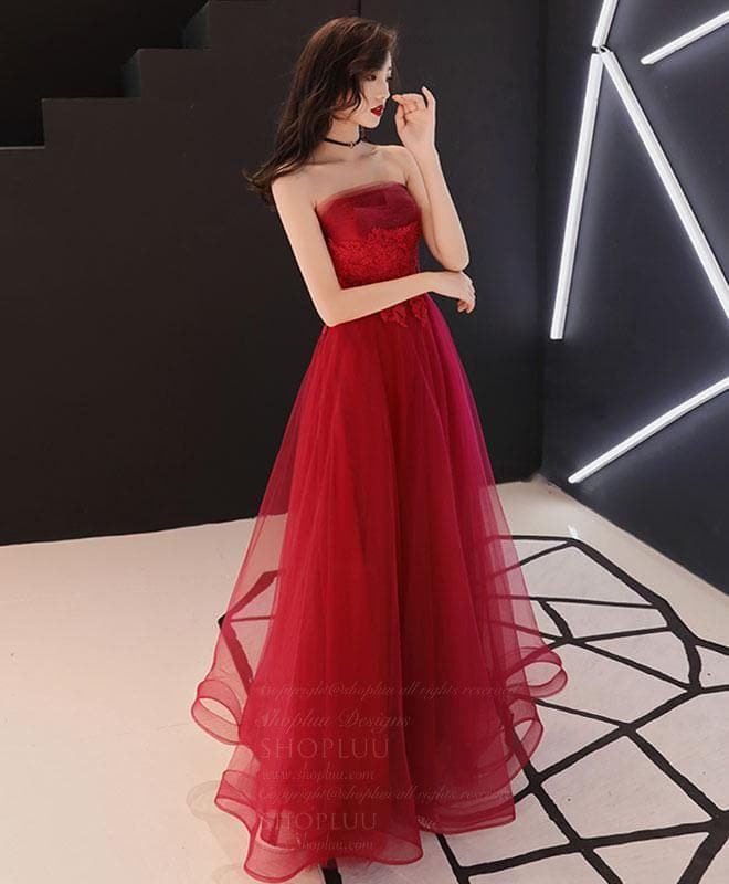 Burgundy Tulle Lace Long Prom Dress, Burgundy Evening Dress