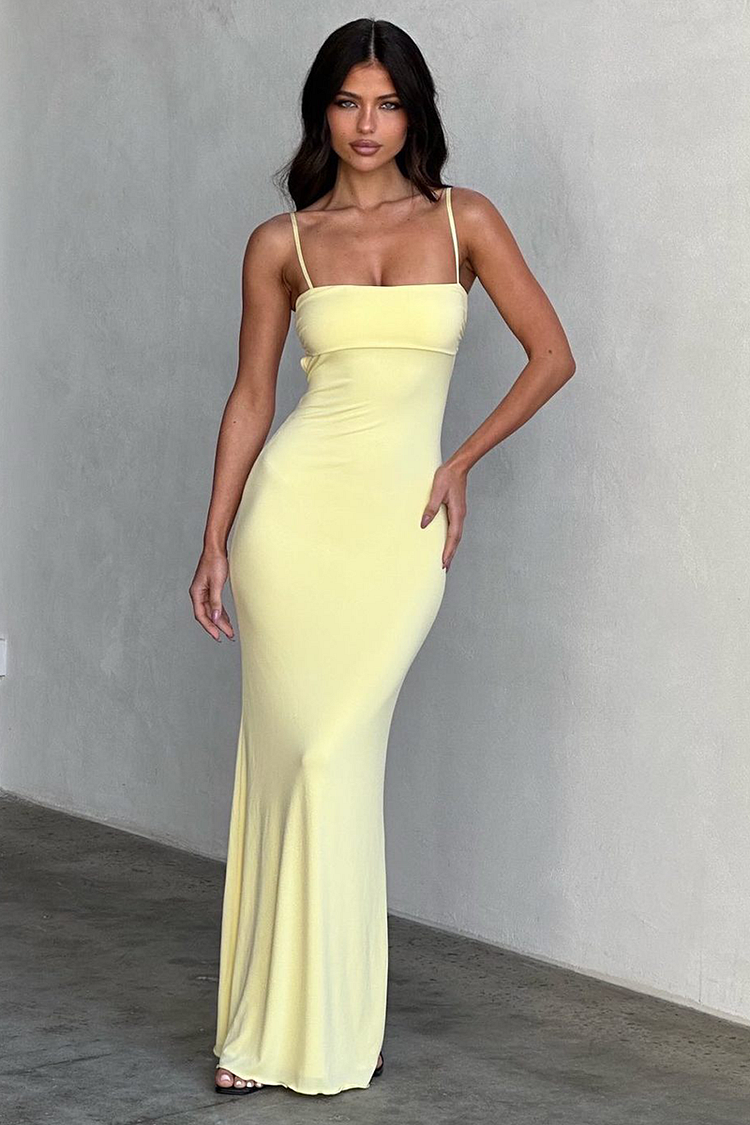 Solid Color Boat Neck Slim Fit Backless Slip Maxi Dresses-Yellow