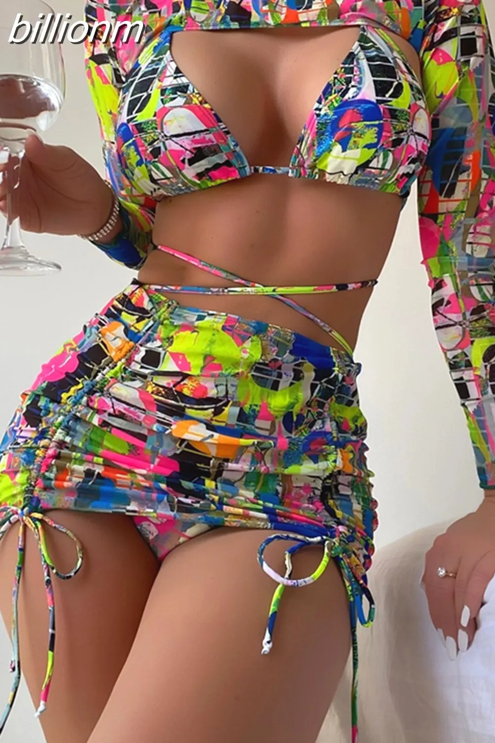 Billionm Beach Graffiti Floral Print 4 Piece Set Sexy Tops Bikini