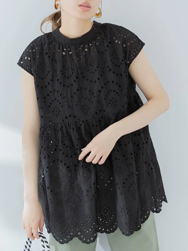 Vintage Pure Color Split-Joint Hollow Round-Neck Cap Sleeve Vest