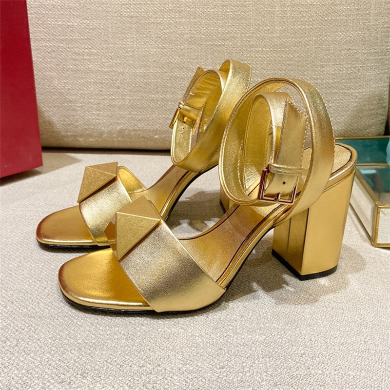 Leather Ankle Strappy Sandals Women Chunky Heel Big Metal Rivet Open Toe Shoes