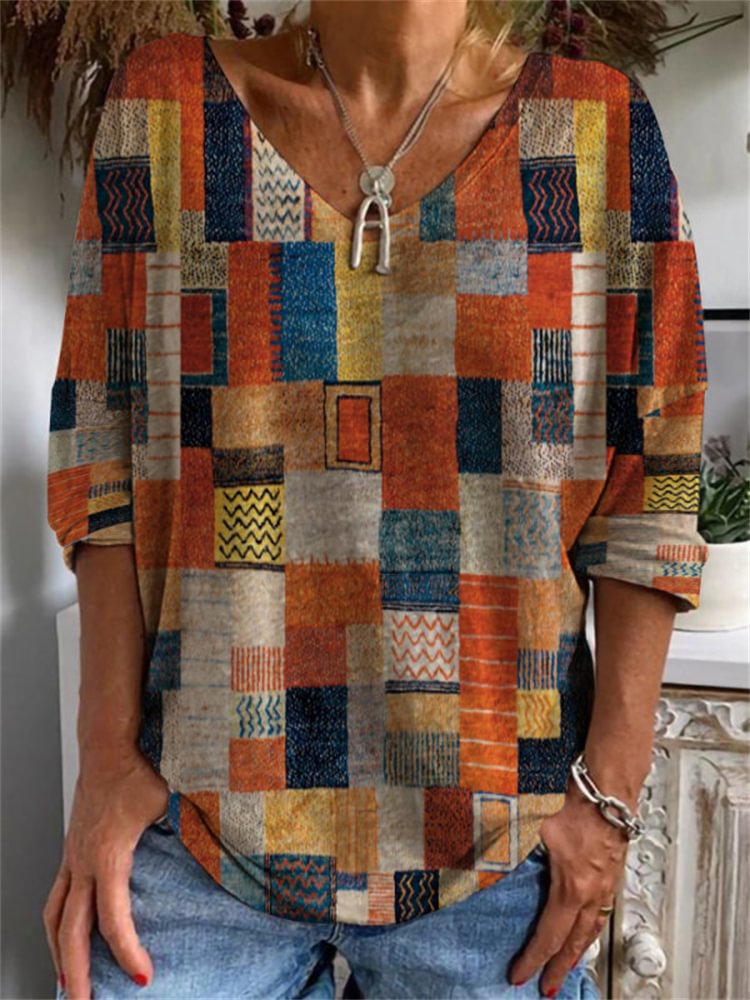 Vefave Ethnic Geometric Patchwork Print T Shirt