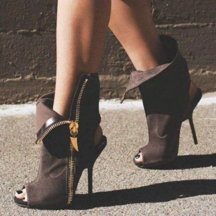 VCSHOES Street Peep Toe Side Zipper Stiletto High Heel Ankle Boot Sandals