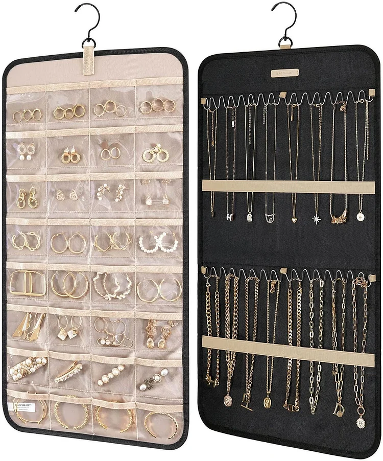 BAGSMART Hanging Jewelry Organizer Storage Roll with Hanger Metal Hooks Double-Sided Jewelry Holder for Earrings, Necklaces, Rings on Closet, Wall, Door, 1 piece, Medium, Black