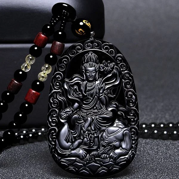 Natural Black Obsidian Chinese Zodiac Protector Samantabhadra Bodhisattva Pendant Beaded Necklace