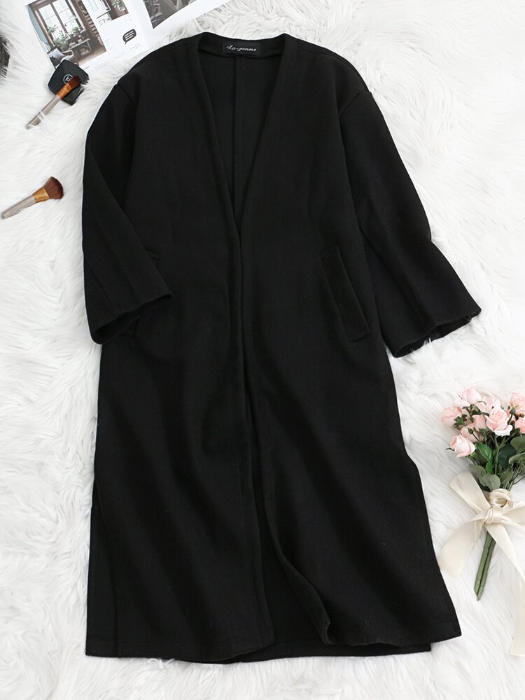 Solid Color Slit Hem Pocket Women Long Fleece Coat