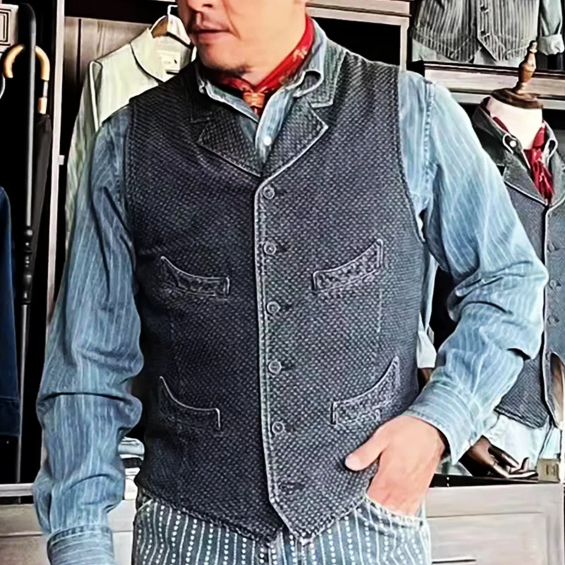 Retro Suit Collar Casual Washed Distressed Vest