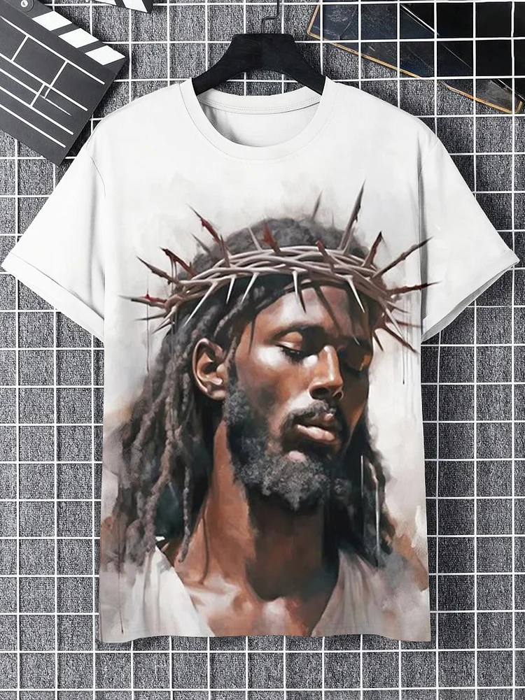 Men's Black Jesus Print Casual T-Shirt