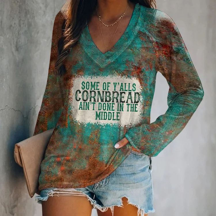 Vefave Vintage Print V-Neck Long Sleeve T-Shirt