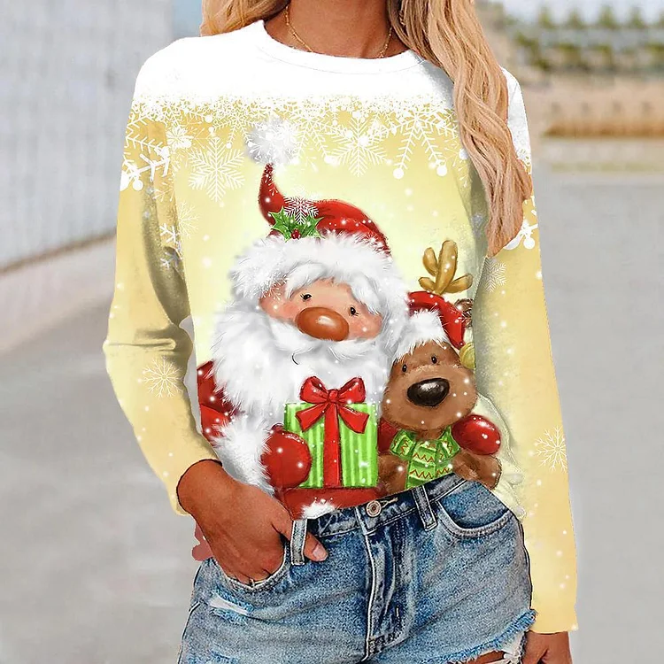 Christmas Santa Printing Long Sleeve T-shirt VangoghDress