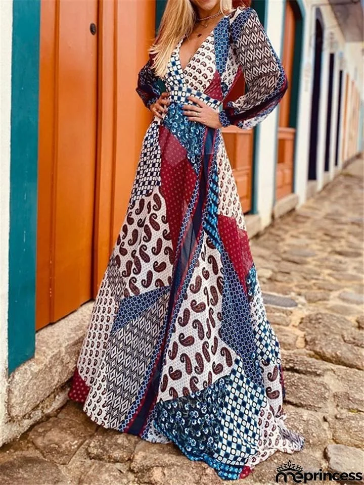 Bohemian Style V Neck Long Sleeve Opening Back Fitted Waist Flare Maxi Dress