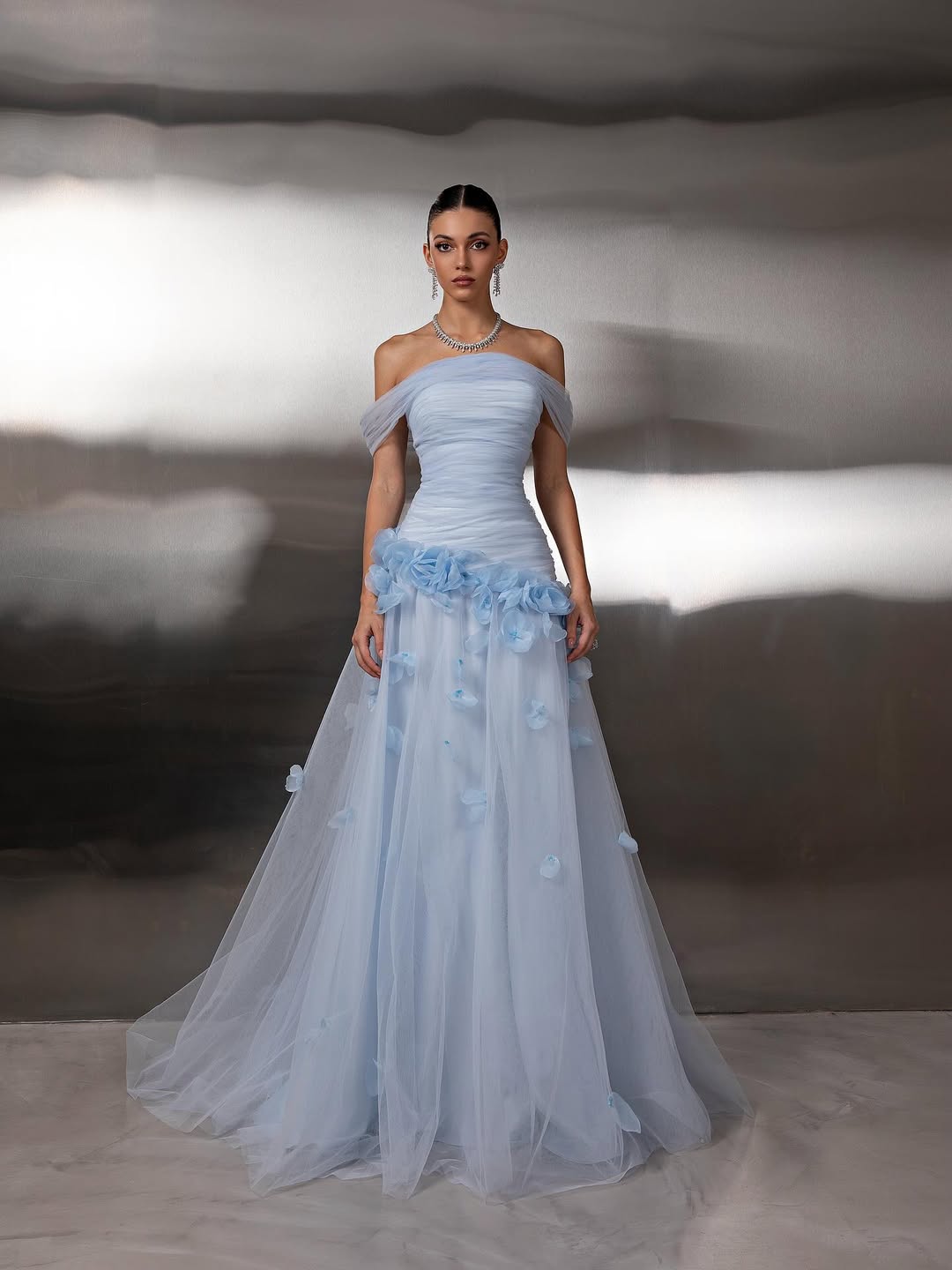 dreamy dress prom Dreamy Blue Off-The-Shoulder Pleated Handmade Flower A-Line Prom Dress  YK0503