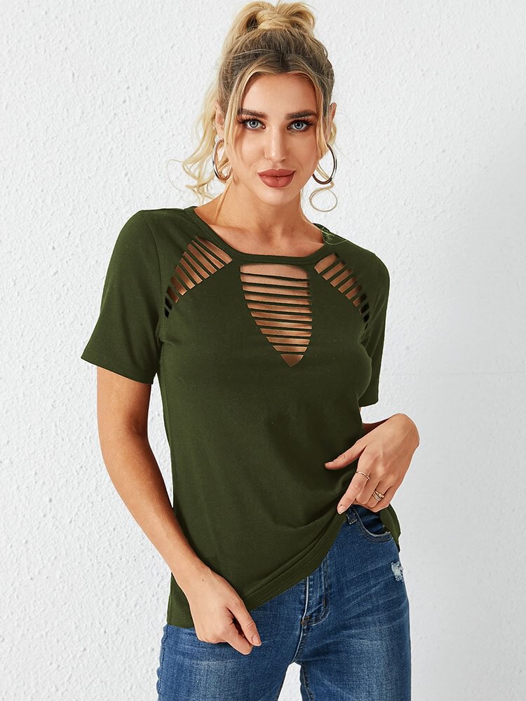 Solid Short Sleeve Hollow Crew Neck Casual T-shirt