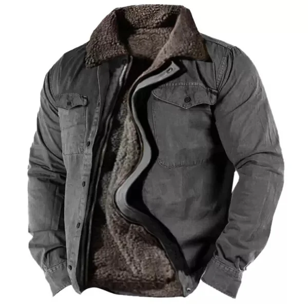 Stand Collar Solid Fleece Multi-Pocket Jacket