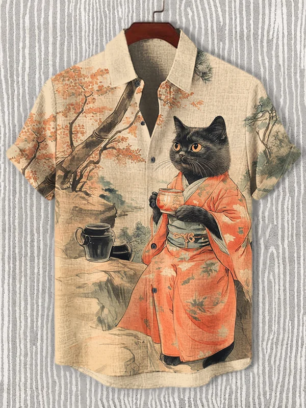 Men's Elegant Black Cat Tasting Tea Japanese Art Print Short Sleeve Shirt