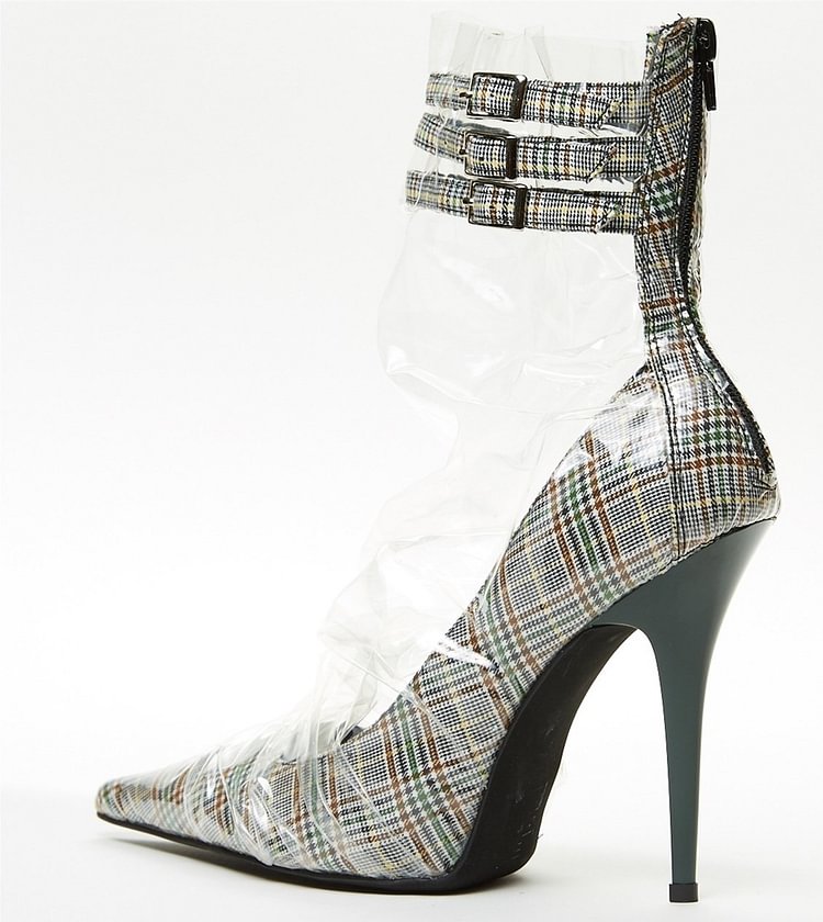 Clear Wrapped Plaid Pointy Toe Stiletto Heel Ankle Strap Heels Pumps |FSJ Shoes