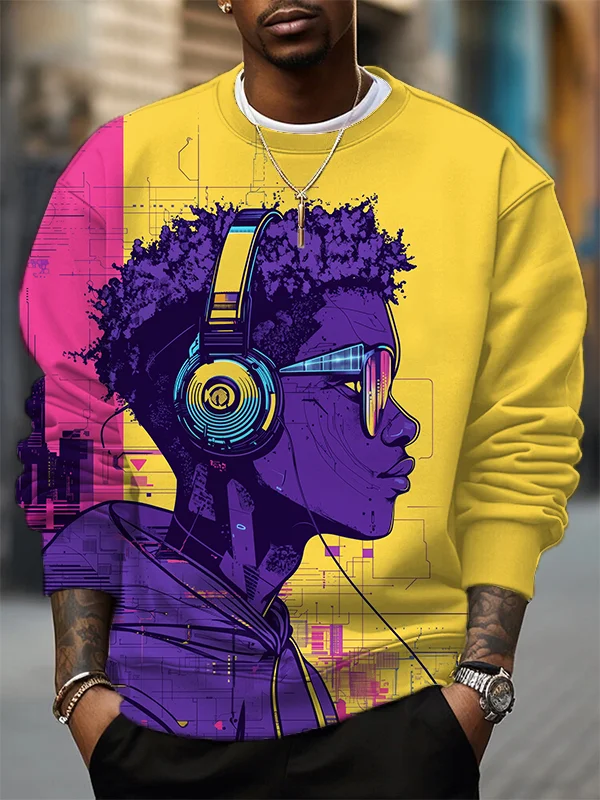 Men's Digital Black Boy With Headphones Art Print Casual Sweatshirt
