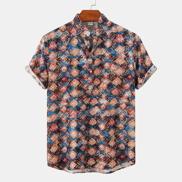 Men's casual loose printed lapel shirt socialshop