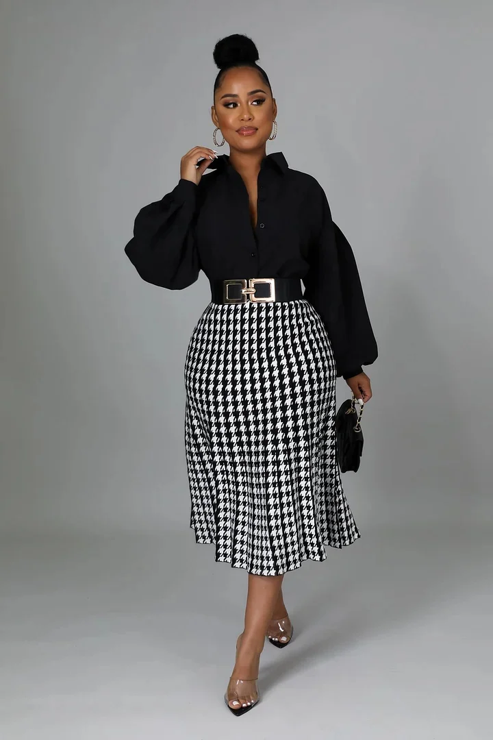 Long Knit Chidori Grid Skirt Long Sleeve Tops