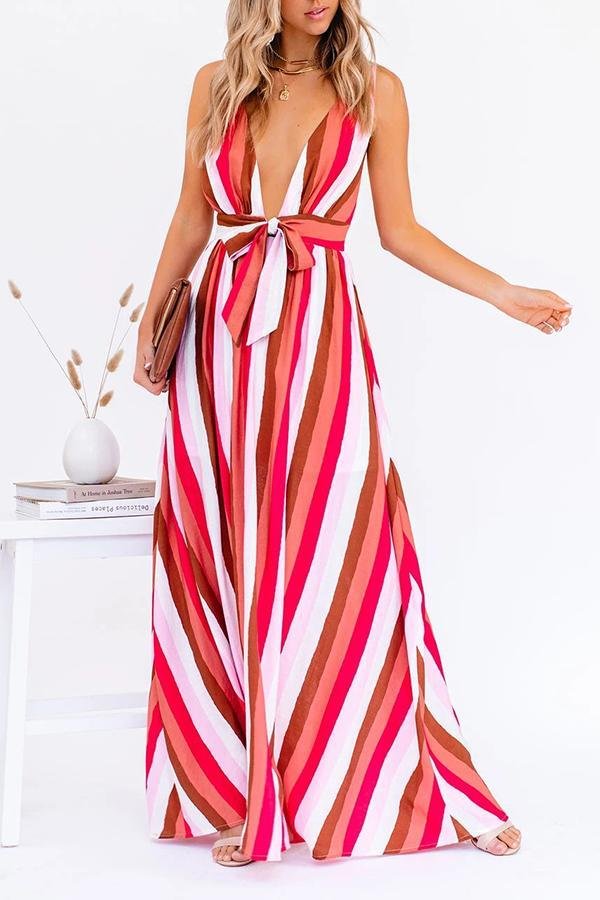 V-neck Striped Bow Multi-Length Dress P16361