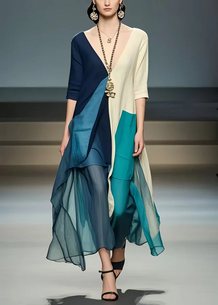 Vintage Colorblock Asymmetrical Patchwork Cotton Dresses Summer