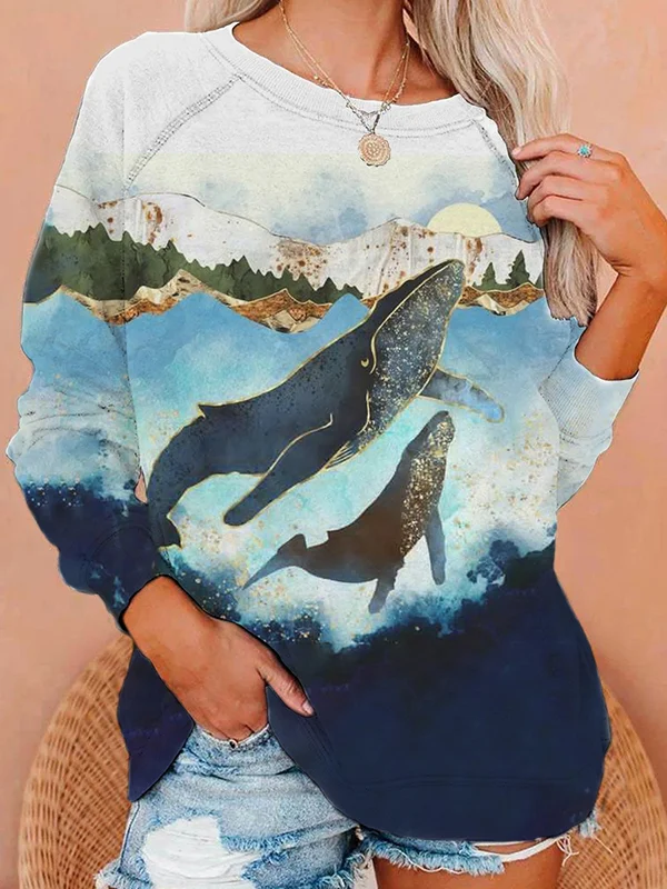 Women's Landscape Ocean Whale Art Print Casual Sweatshirt