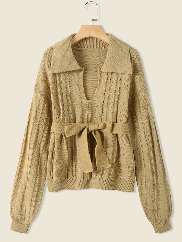 Cable Knit Solid Lapel Long Sleeve Casual Pullover Sweater