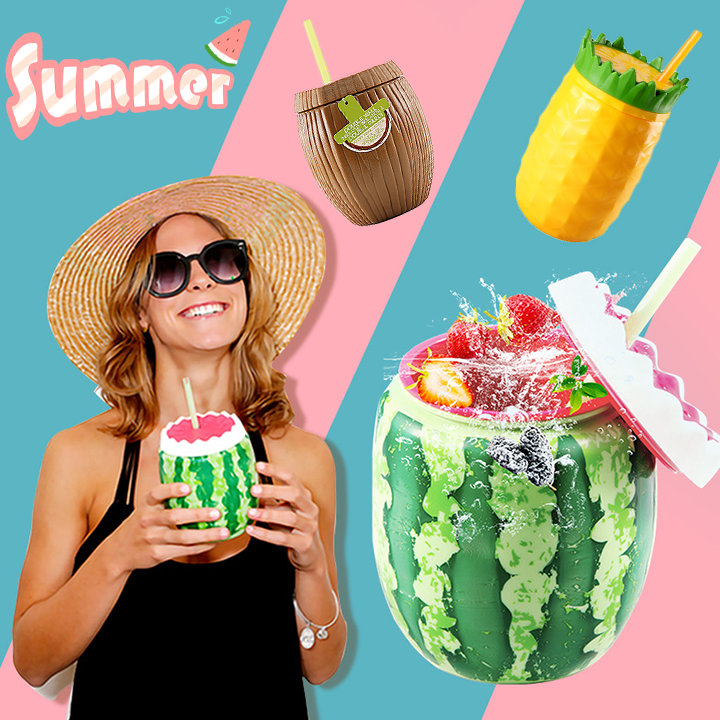 Fruit-Shaped Water Cup With Straw - Watermelon/Coconut/Pineapple Summer Cute Tumbler