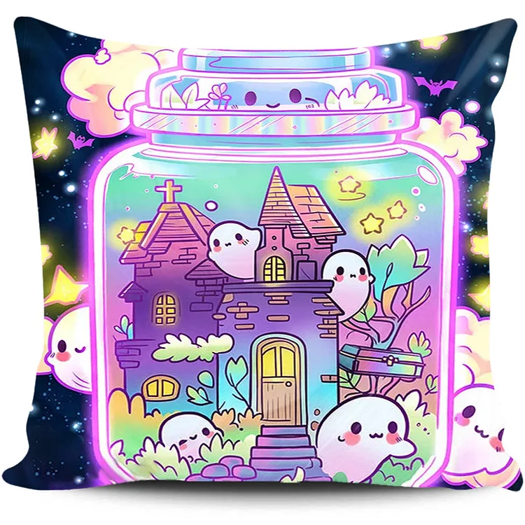 Cross Stitch Pillow - Fantasy glass bottle ghost house (45*45cm) gbfke
