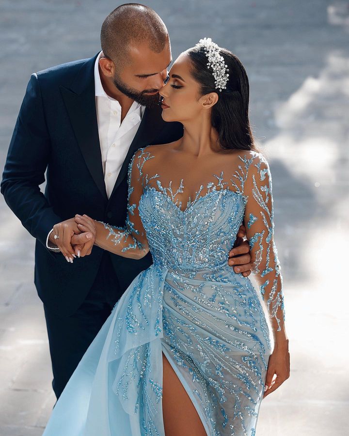 Bellasprom Long Sleeves Sky Blue Prom Dress Mermaid Slit With Sequins